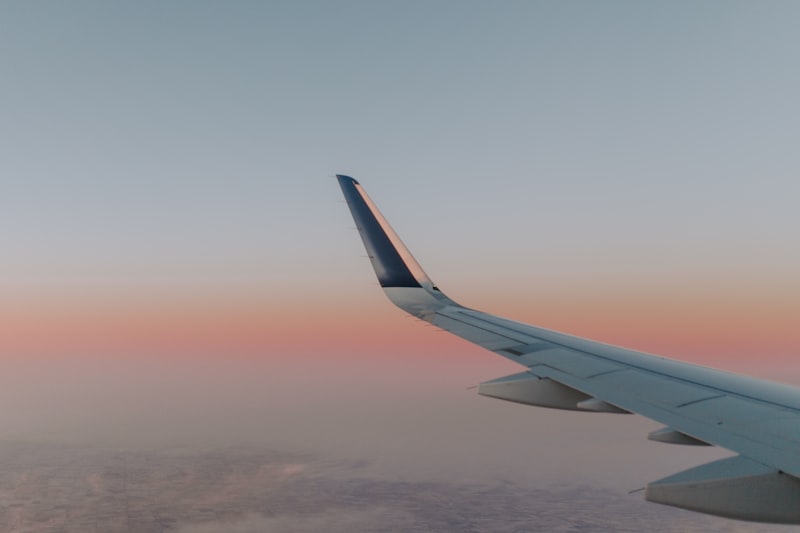 Airplane wing view during golden sunset flight
